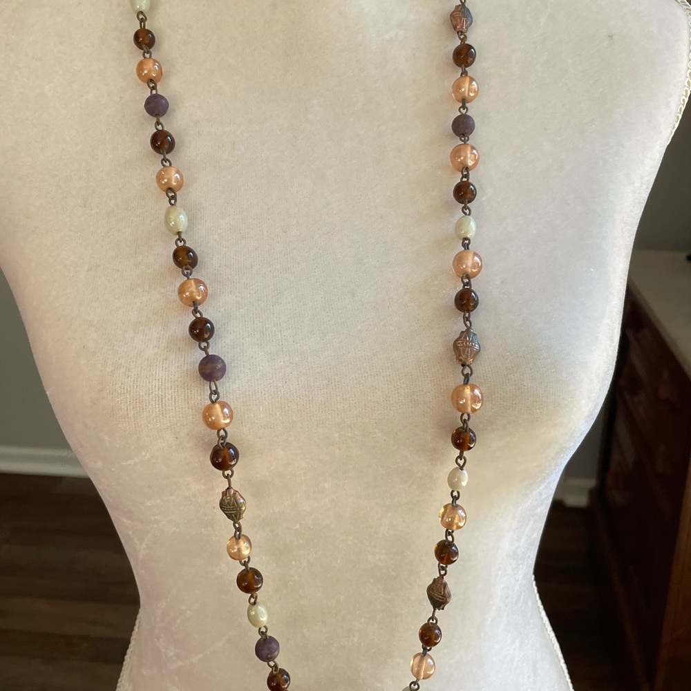 Elegant Beaded Necklace with Brown, Amber & Cream Glass Beads. Vintage.